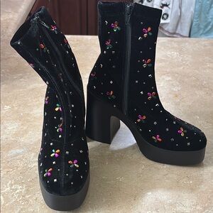 Betsey Johnson Black Heeled Boots with Artistic Flair